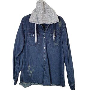91 Cotton On Men's XXL Hooded Denim Jacket Distressed Shacket Dark Wash EUC